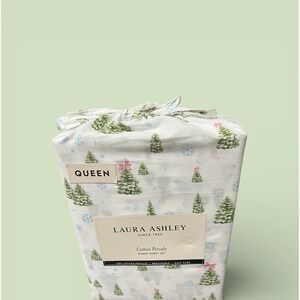 Laura Ashley Queen‎ Percale Sheet Set 100% Cotton Winter Wonderland Green Trees